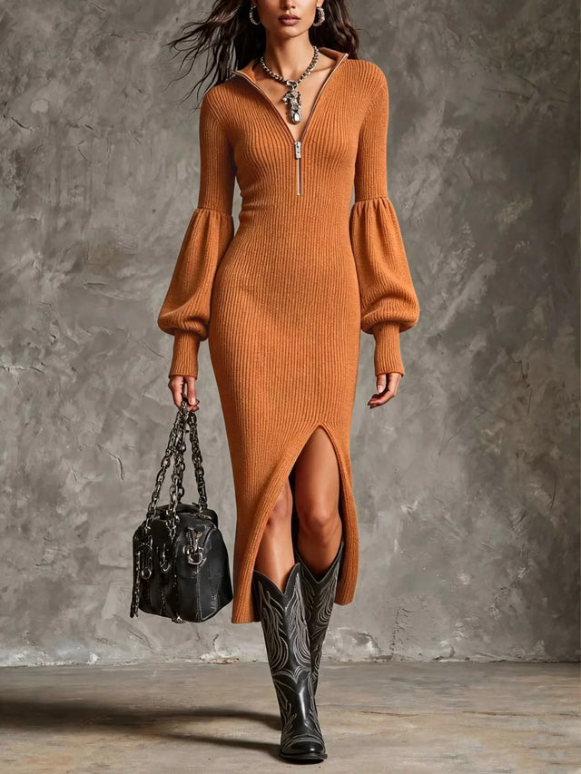 Valentina Half-Zip Ribbed Midi Dress in Orange, view 1