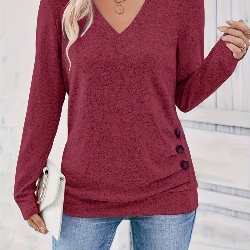 Zelda Cotton-Feel V-Neck T-Shirt in Burgundy, view 4