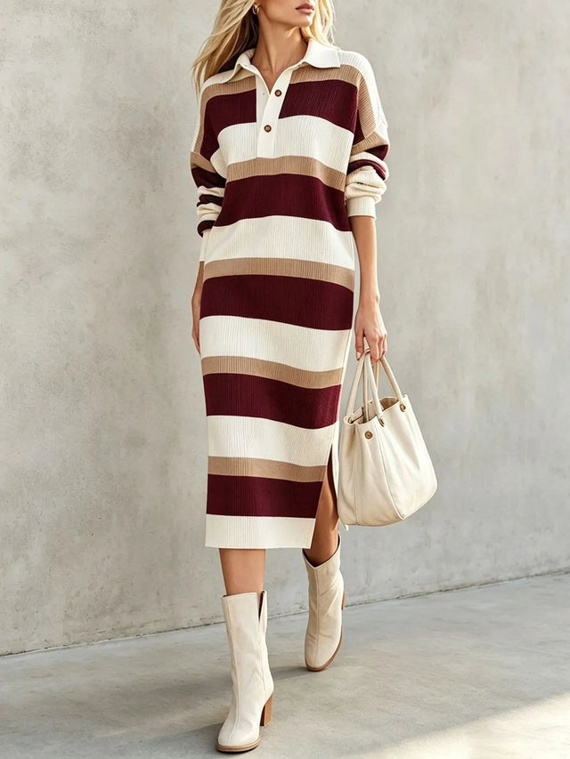 Yolanda Striped Polo Midi Dress in Burgundy, view 1