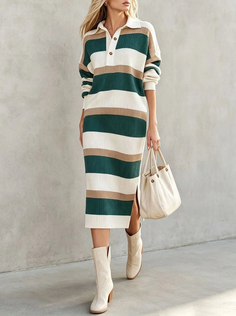 Yolanda Striped Polo Midi Dress in Green, view 3