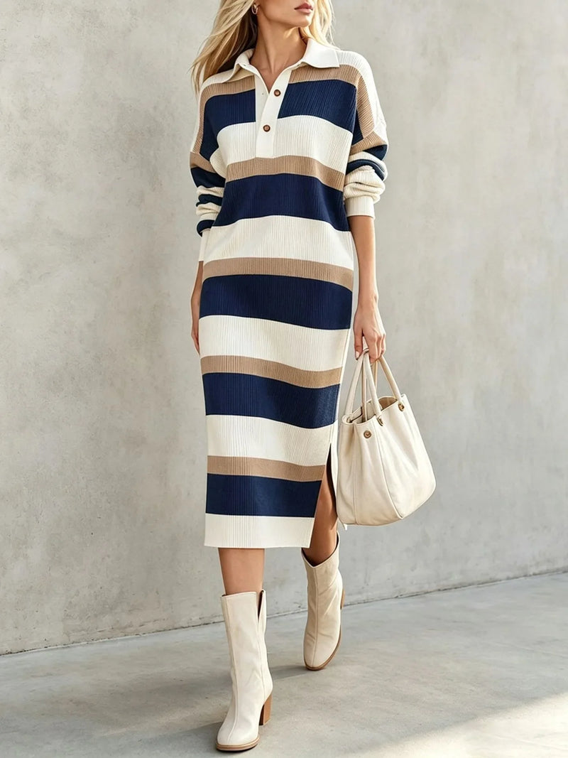 Yolanda Striped Polo Midi Dress in Navy Blue, view 6