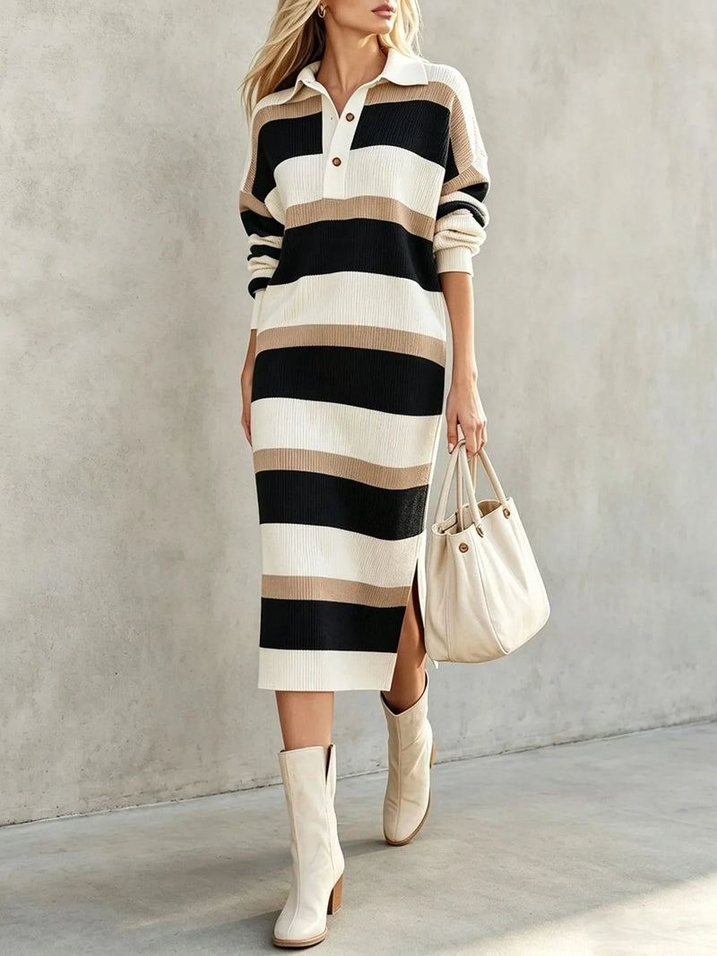 Yolanda Striped Polo Midi Dress in Black, view 7