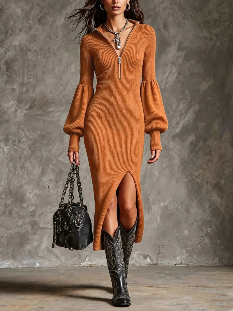 Quinn Half-Zip Ribbed Midi Dress in Orange, view 3