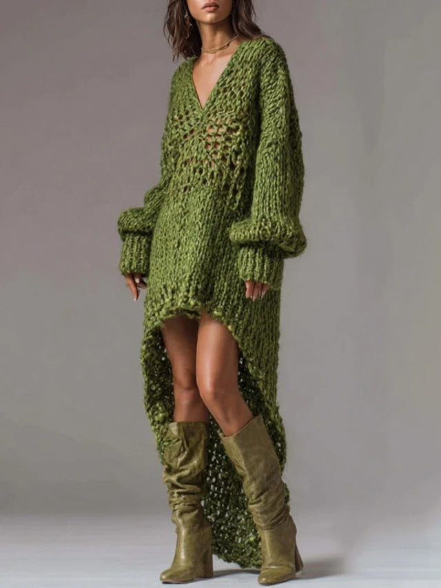 Ursula Relaxed Open-Knit Dress in Olive Green, view 1