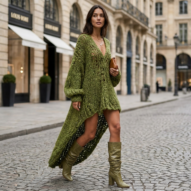 Ursula Relaxed Open-Knit Dress in Olive Green, view 3
