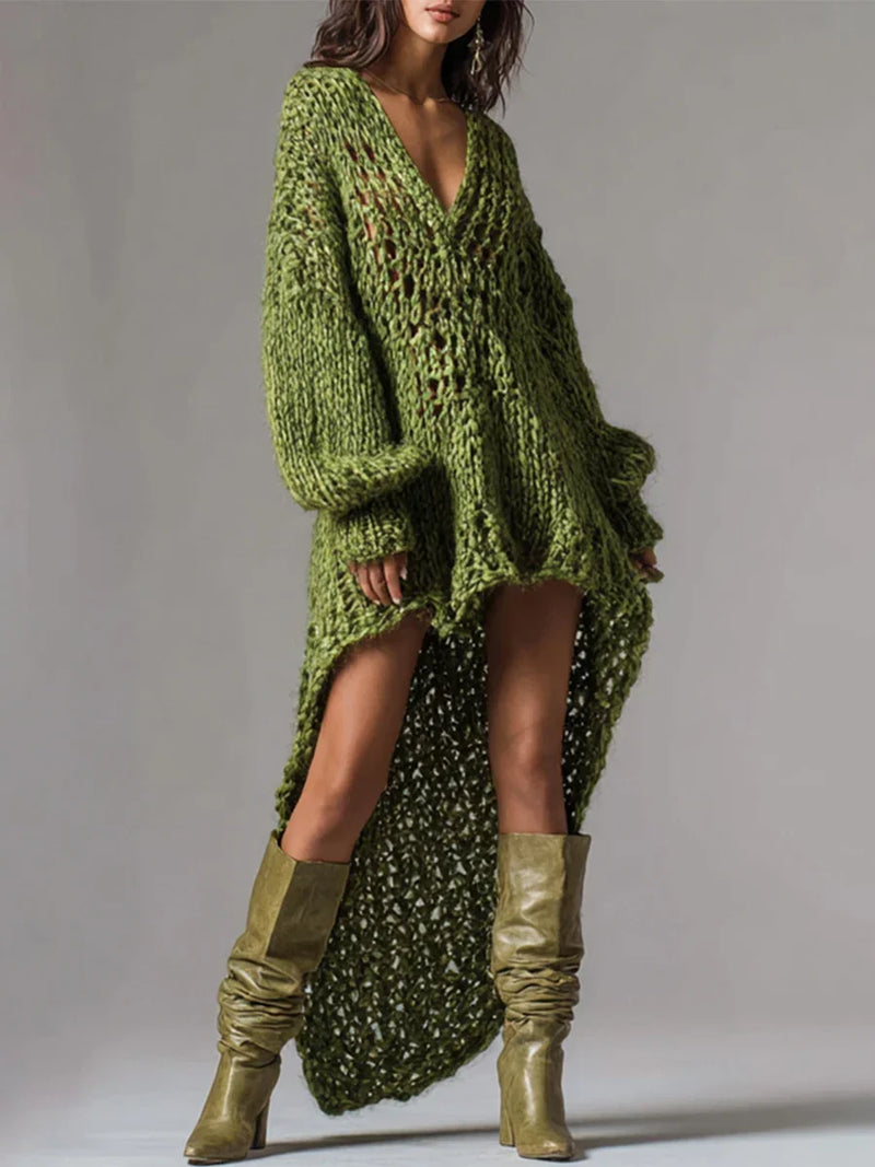 Ursula Relaxed Open-Knit Dress in Olive Green, view 4
