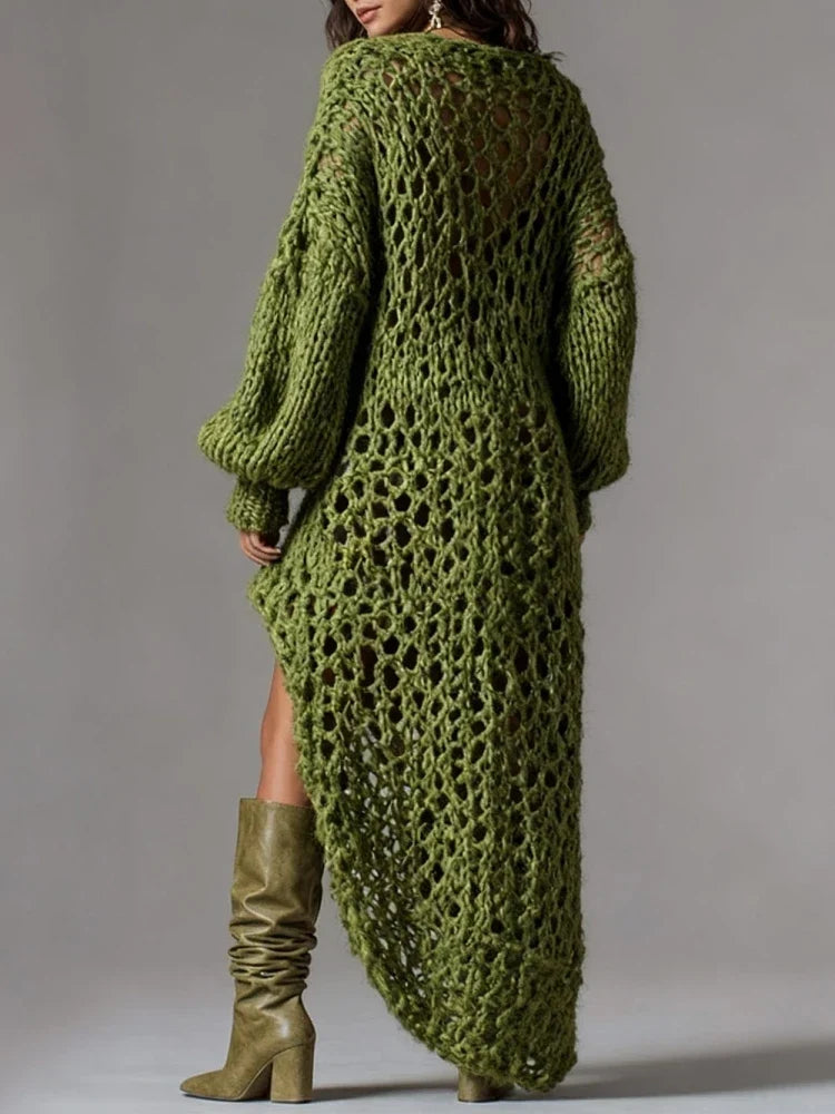 Ursula Relaxed Open-Knit Dress in Olive Green, view 5