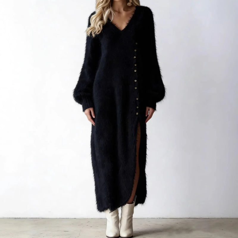 Rosalind Faux Fur Knit Sweater Dress in Black, view 7