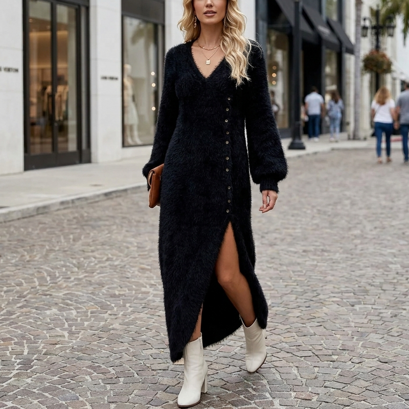 Rosalind Faux Fur Knit Sweater Dress in Black, view 8