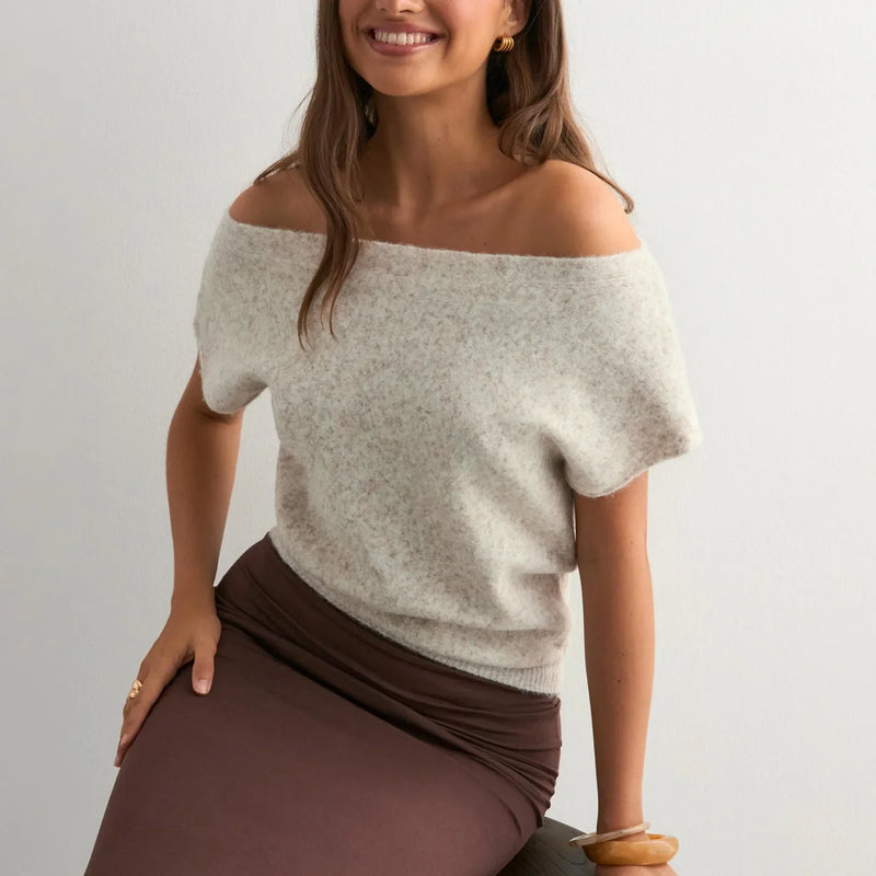 Hannah Off-Shoulder Knit Sweater in White, view 2