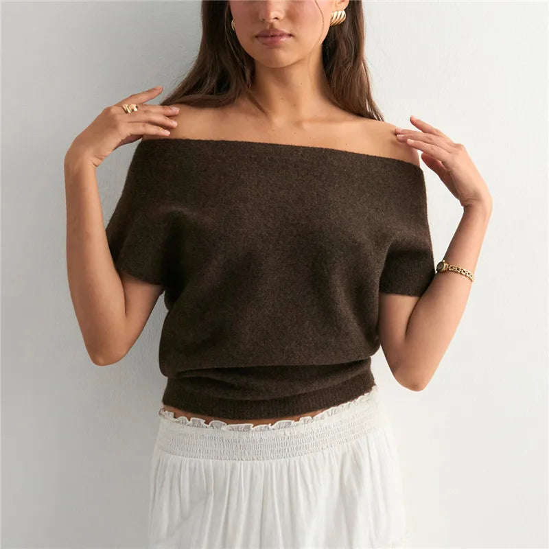 Hannah Off-Shoulder Knit Sweater in Brown, view 3
