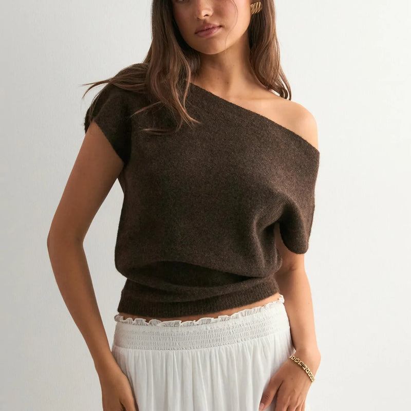 Hannah Off-Shoulder Knit Sweater in Brown, view 4