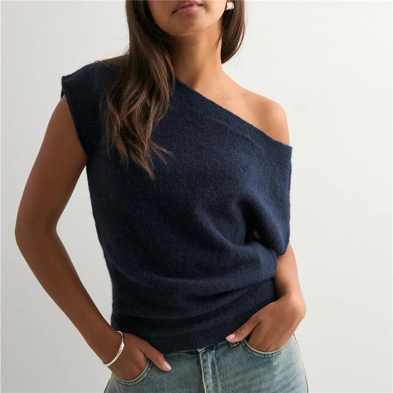 Hannah Off-Shoulder Knit Sweater in Navy Blue, view 5