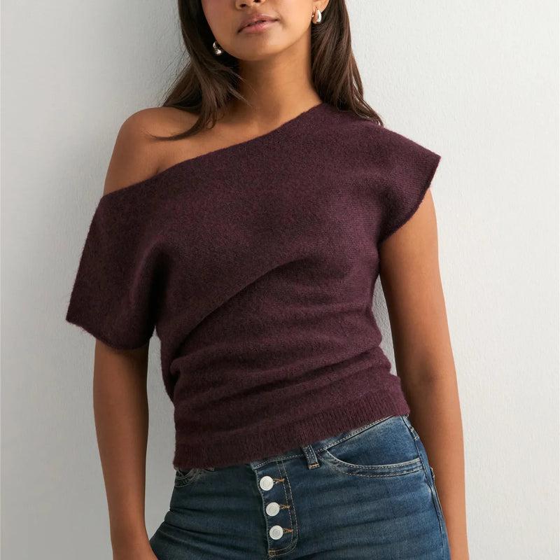 Hannah Off-Shoulder Knit Sweater in Burgundy, view 7