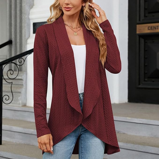 Clara Relaxed Fit Open-Front Draped Cardigan in Burgundy, view 2