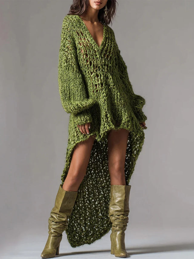 Paloma Open-Knit Loose Dress in Olive Green, view 1