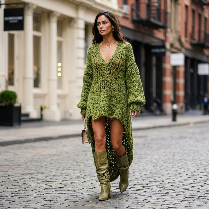 Paloma Open-Knit Loose Dress in Olive Green, view 3
