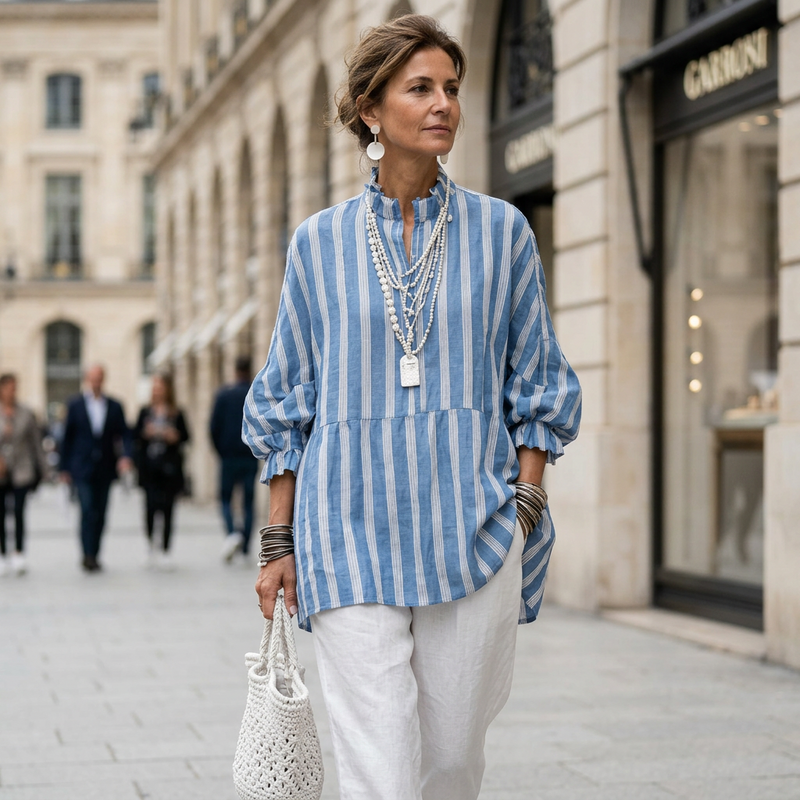 Marisol Ruffle Neck Blouse in Light Blue, view 7