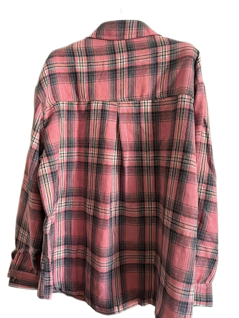 Wren Relaxed-Fit Button-Front Shirt in Pink & Grey Plaid, view 2