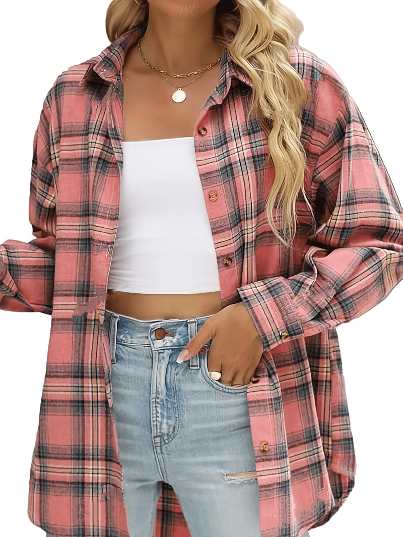 Wren Relaxed-Fit Button-Front Shirt in Pink & Grey Plaid, view 3