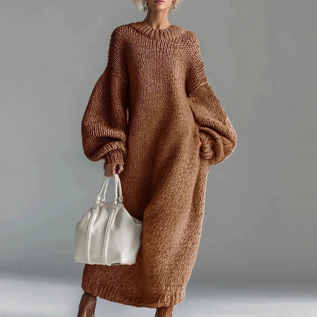 Seraphina Chunky Wool-Look Knit Sweater Dress in Brown, view 1