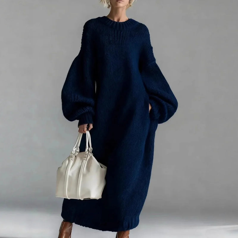 Seraphina Chunky Wool-Look Knit Sweater Dress in Navy, view 5