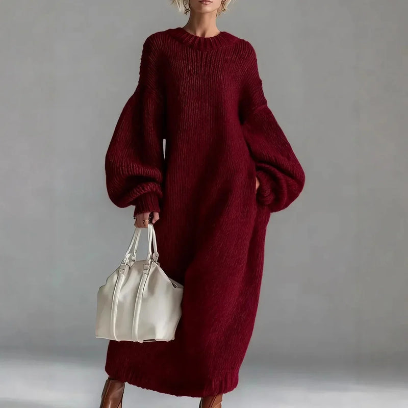 Seraphina Chunky Wool-Look Knit Sweater Dress in Dark Red, view 6