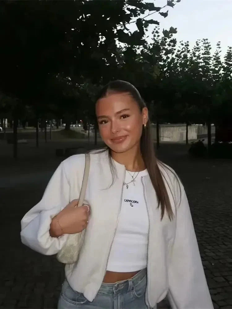 Hazel Lightweight Bomber Jacket in Beige, view 2