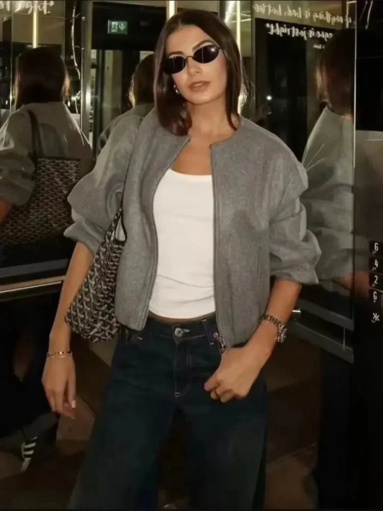 Hazel Lightweight Bomber Jacket in Gray, view 6