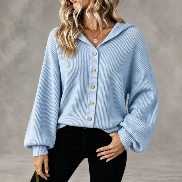 Jade Button-Front Hooded Cardigan in Sky Blue, view 1