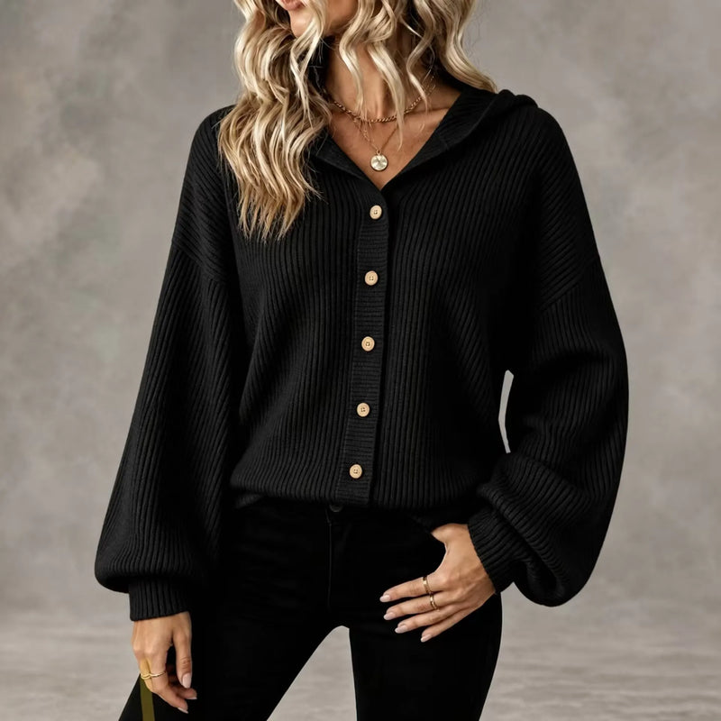 Jade Button-Front Hooded Cardigan in Black, view 10