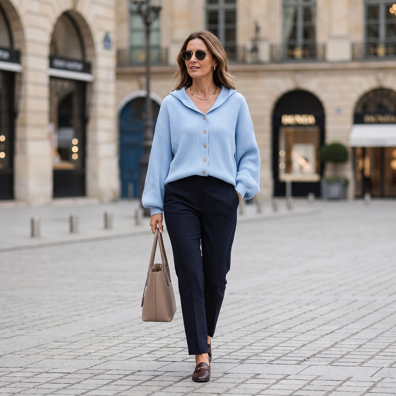 Jade Button-Front Hooded Cardigan in Sky Blue, view 3