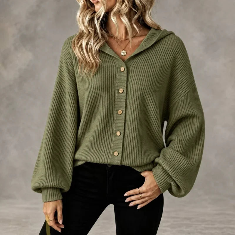 Jade Button-Front Hooded Cardigan in Olive Green, view 4