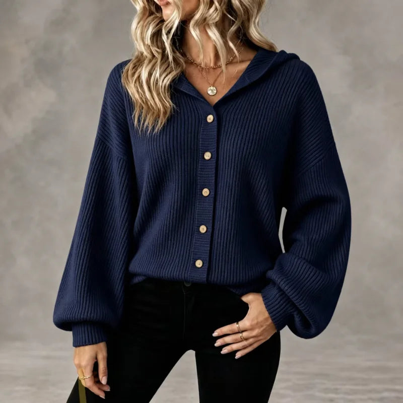 Jade Button-Front Hooded Cardigan in Navy Blue, view 6
