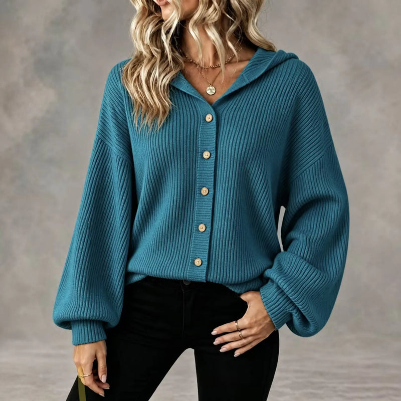 Jade Button-Front Hooded Cardigan in Peacock Blue, view 7
