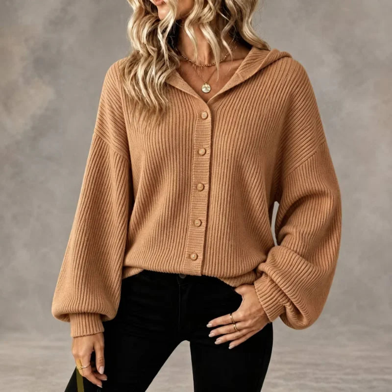 Jade Button-Front Hooded Cardigan in Dark Brown, view 8
