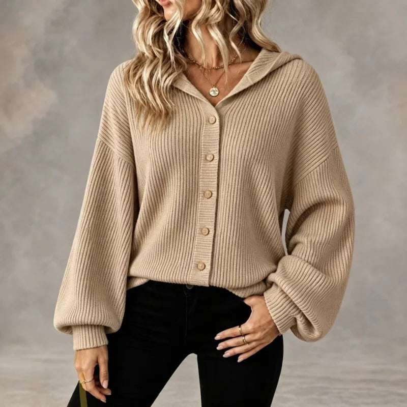Jade Button-Front Hooded Cardigan in Khaki, view 9