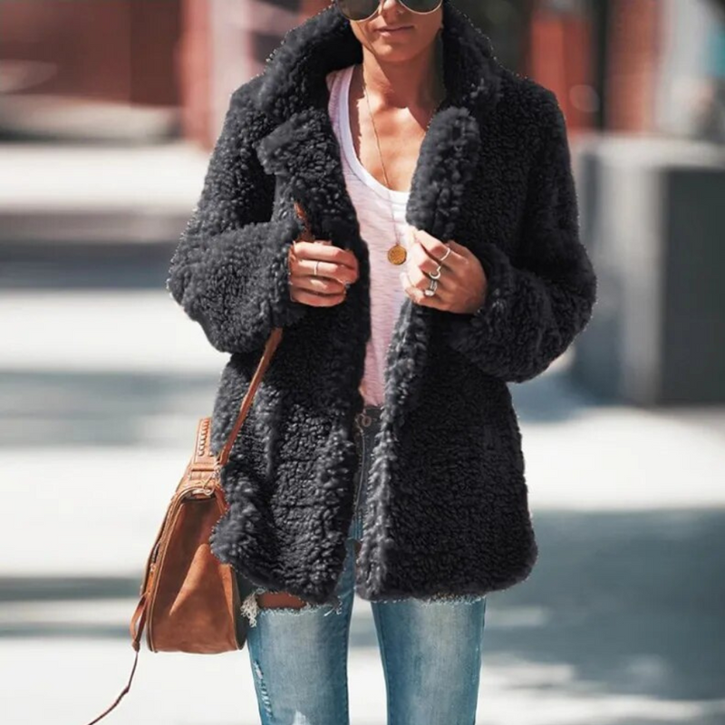 Elena Relaxed Fit Faux Fur Coat in Black, view 5