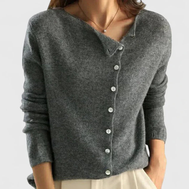 Eva Classic Asymmetric Button Cardigan in Gray, view 1