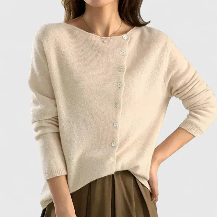 Eva Classic Asymmetric Button Cardigan in Beige, view 2