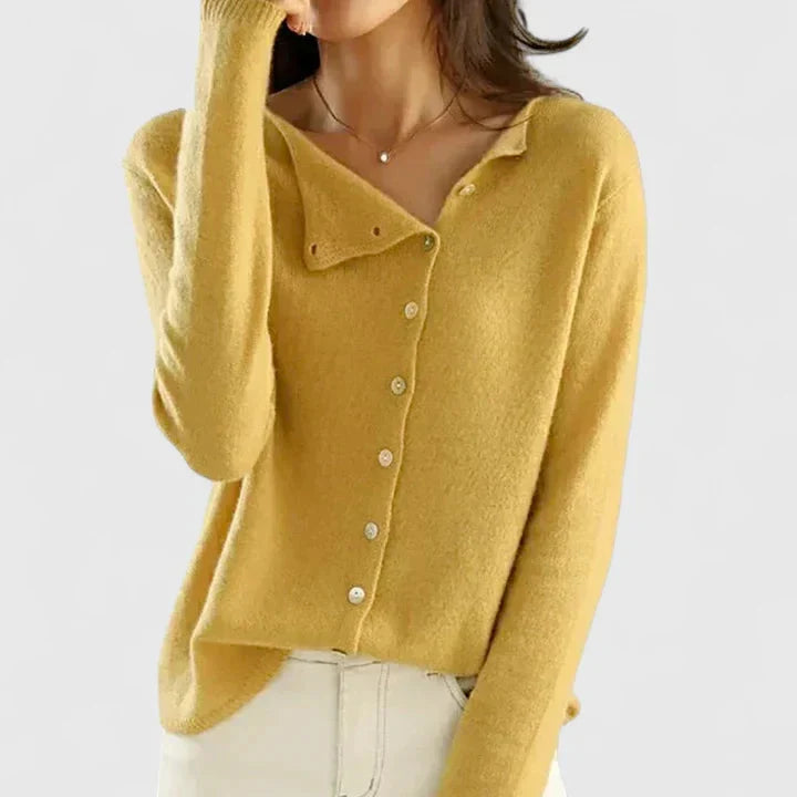 Eva Classic Asymmetric Button Cardigan in Yellow, view 3