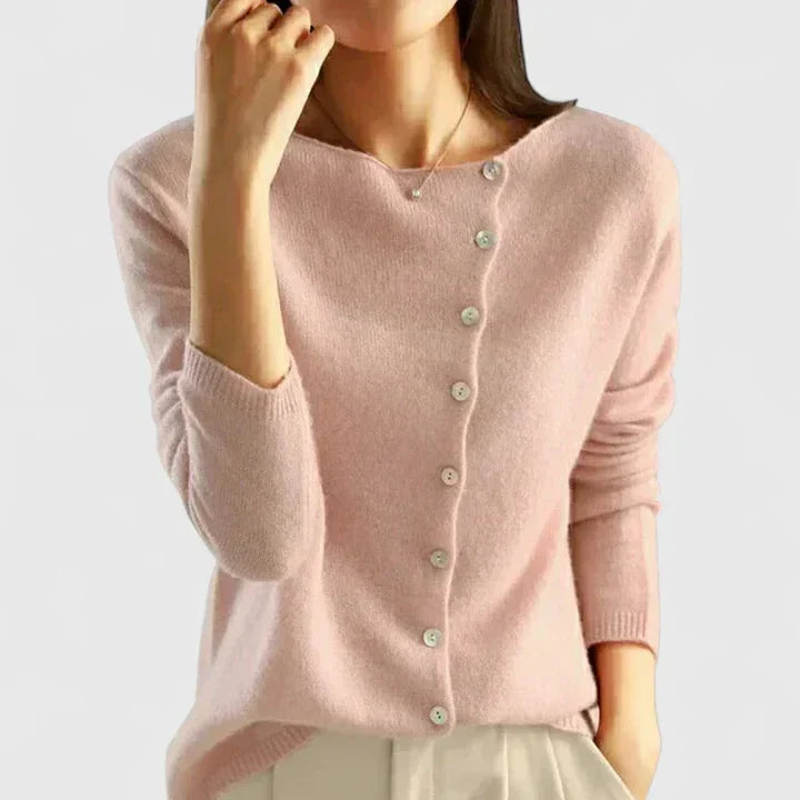 Eva Classic Asymmetric Button Cardigan in Pink, view 4