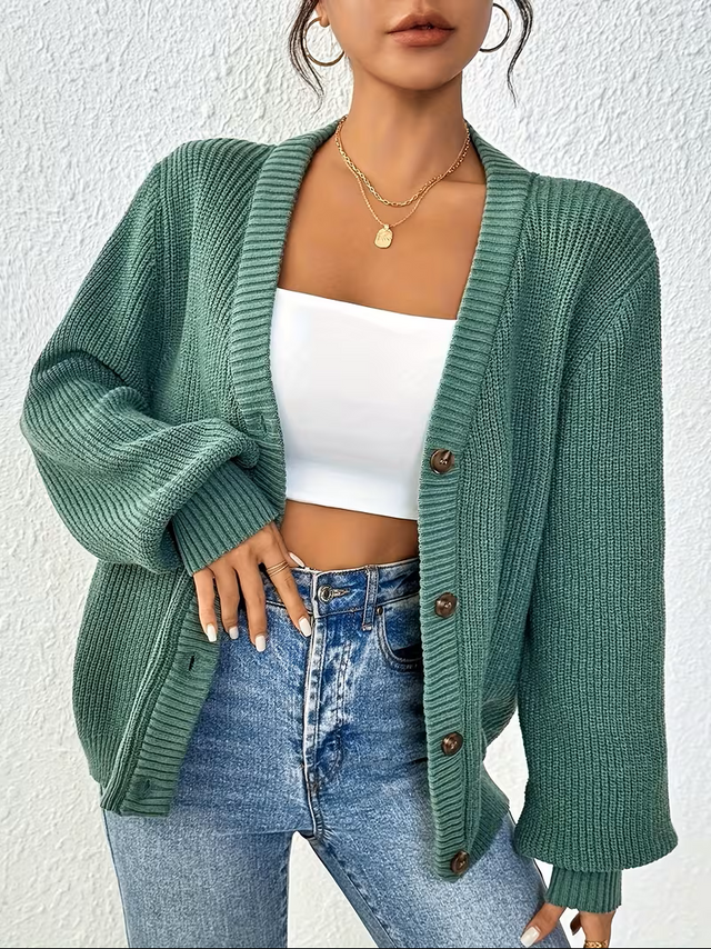 Bianca Relaxed Fit Button-Front Cardigan in Green, view 1