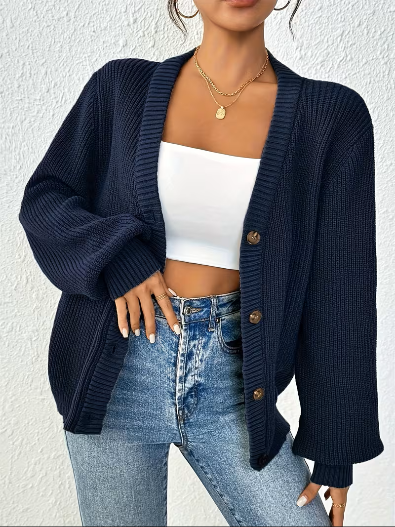 Bianca Relaxed Fit Button-Front Cardigan in Navy, view 2