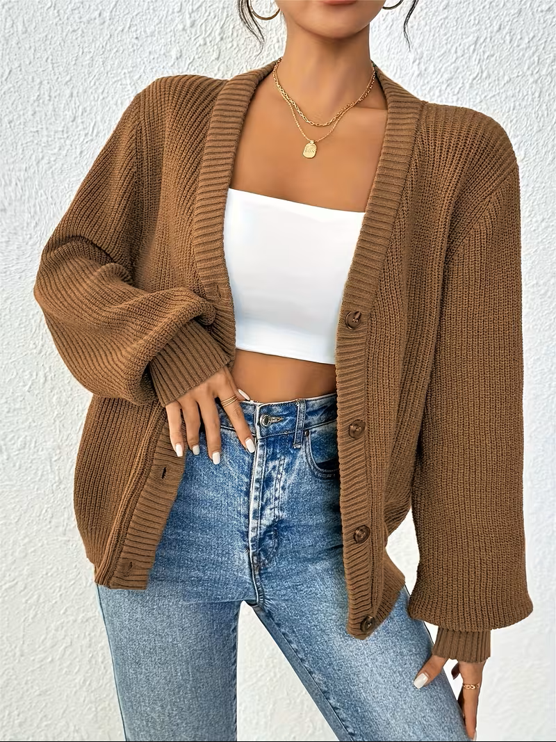 Bianca Relaxed Fit Button-Front Cardigan in Camel, view 3
