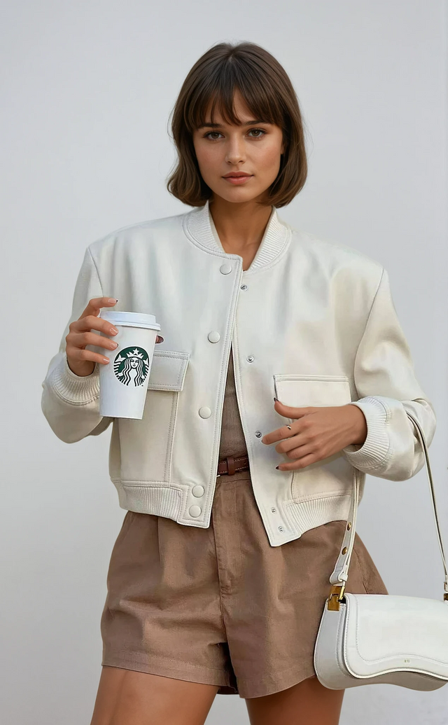 Chloe Tailored Cropped Bomber Jacket in Oat Milk, view 1