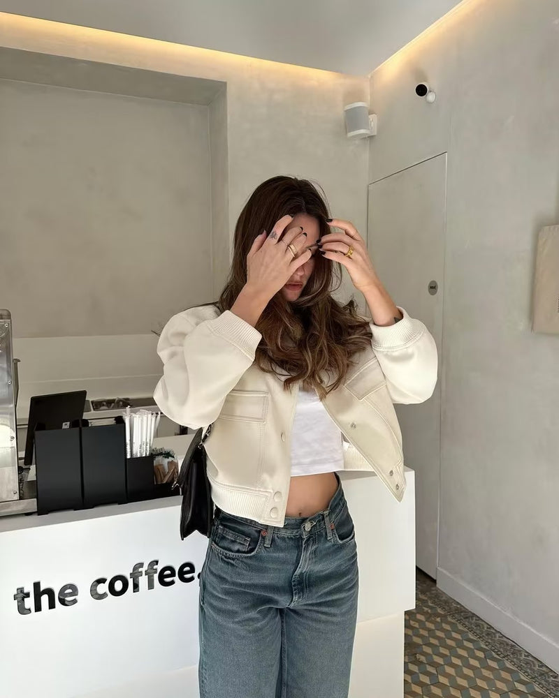 Chloe Tailored Cropped Bomber Jacket in Oat Milk, view 2