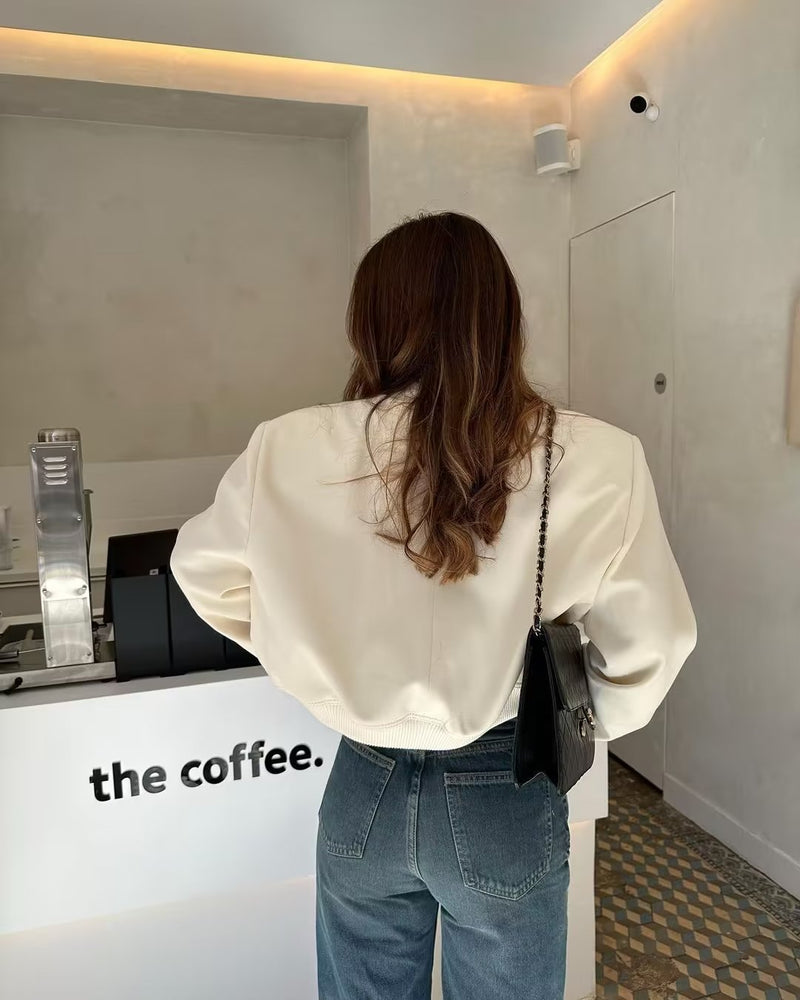 Chloe Tailored Cropped Bomber Jacket in Oat Milk, view 3