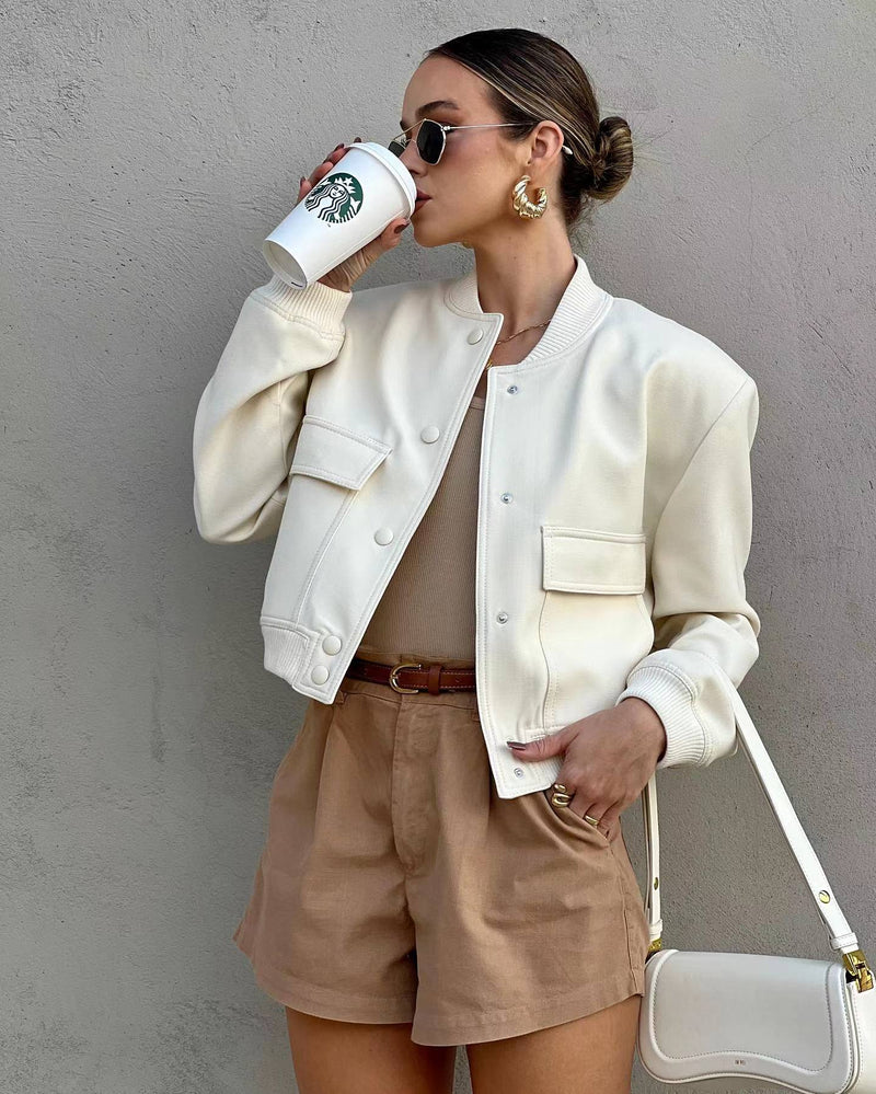 Chloe Tailored Cropped Bomber Jacket in Oat Milk, view 4