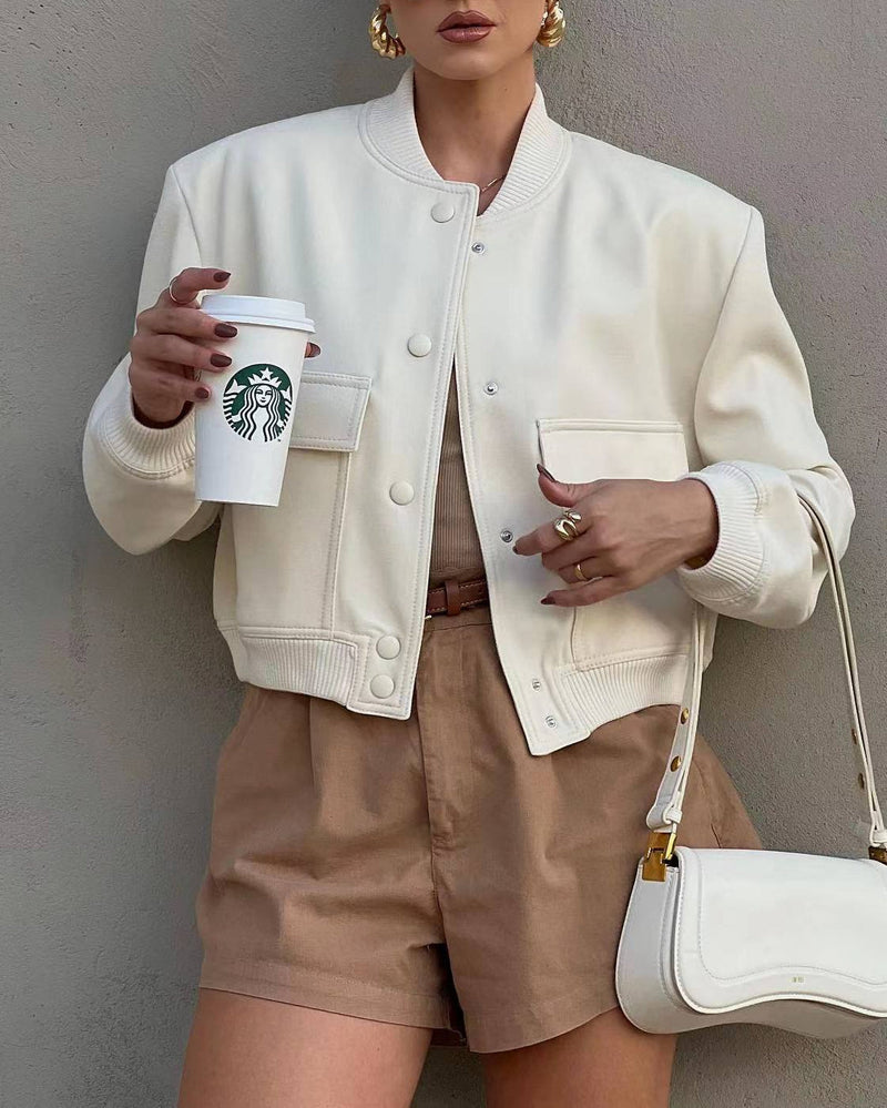 Chloe Tailored Cropped Bomber Jacket in Oat Milk, view 5
